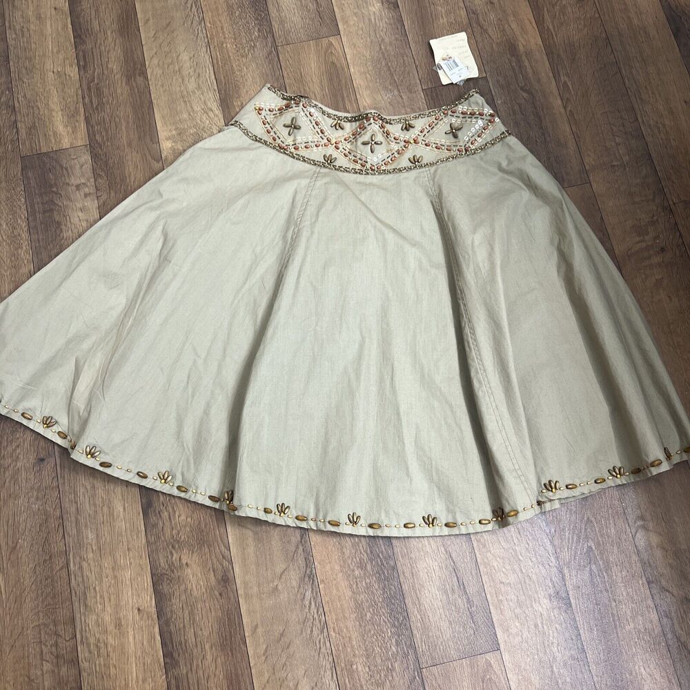 LAPIS Women Swing Skirt Beaded Sequined Size L Cotton Lined Southwestern Tan Zip